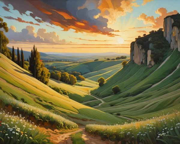 Picturesque Landscape with Rolling Hills and Sunset