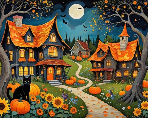 Whimsical Halloween Scene with Cottages and Pumpkins