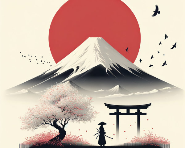 Serene Landscape with Mountain and Cherry Blossoms