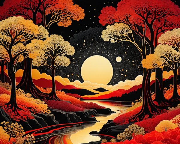 Vibrant Autumn Landscape with Luminous Moon and River