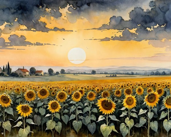 Watercolor Landscape of Sunflowers at Sunset