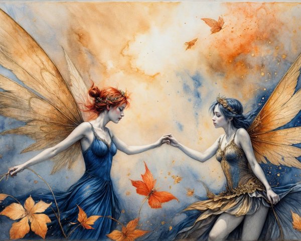 Fairies in a Dreamy Autumn Scene with Floating Leaves