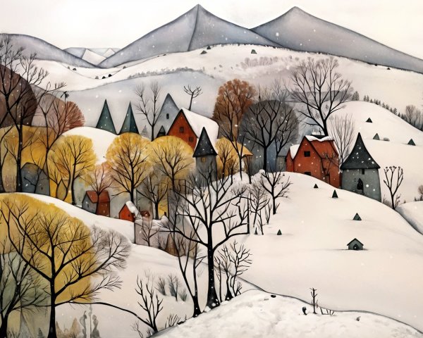 Serene Winter Landscape with Quaint Houses and Hills