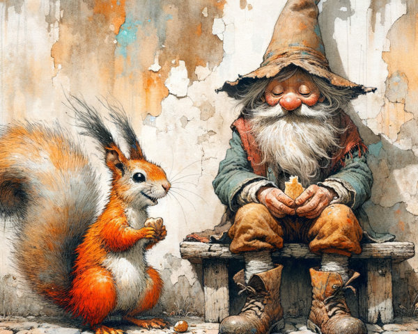 Cheerful gnome and squirrel share a whimsical moment