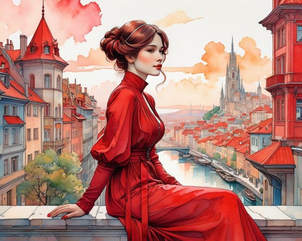 Woman in Red Dress Overlooking Charming Cityscape