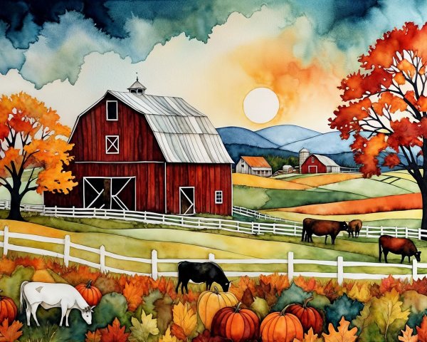 Vibrant Sunset Over a Charming Farm Scene