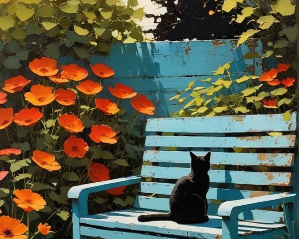 Serene garden with blue bench and sunset backdrop