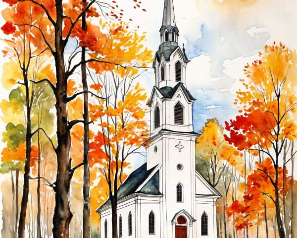 White Church Surrounded by Vibrant Autumn Foliage