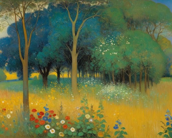 Vibrant Meadow Landscape with Wildflowers and Trees