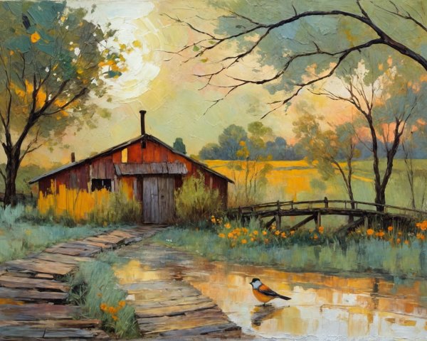 Serene Landscape with Barn and Tranquil Pond