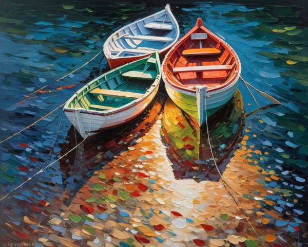 Vibrant Boats on Shimmering Water with Colorful Reflections