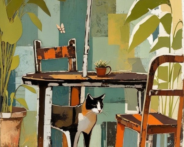 Serene Outdoor Scene with Rustic Table and Cat