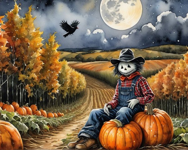 Whimsical Scarecrow in Vibrant Autumn Field