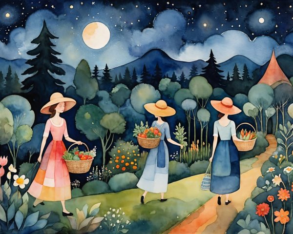 Women in Hats Walking Under a Starlit Sky