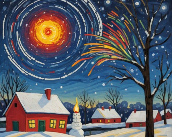 Winter Landscape with Colorful Night Sky and Snowman