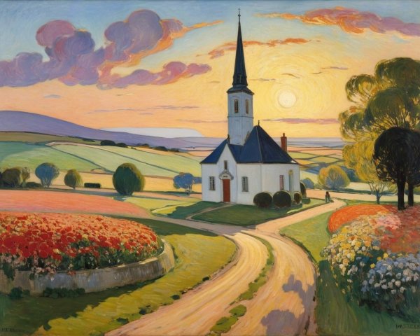 Quaint Church in Vibrant Sunset Landscape Scene