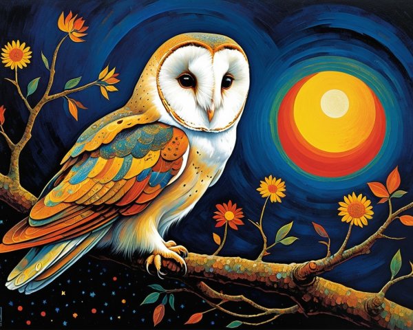 Colorful Barn Owl on Branch with Sunflowers and Sky