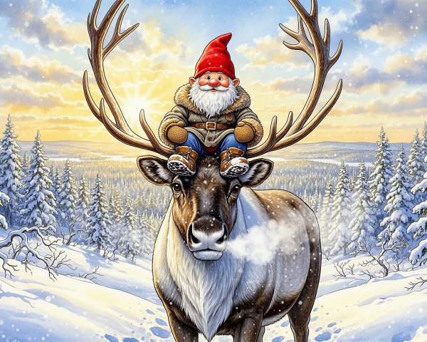 Watercolor Painting of Gnome on Reindeer in Winter