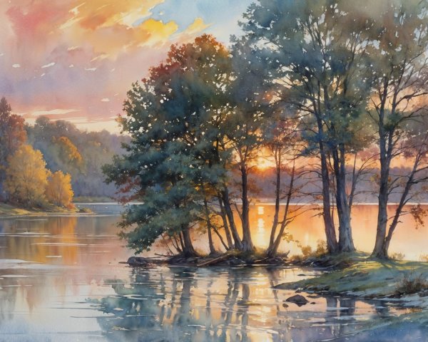 Watercolor Landscape of Sunset Over Tranquil Lake