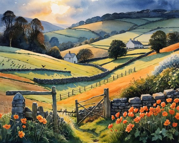 Serene Countryside Landscape with Rolling Hills and Wildlife