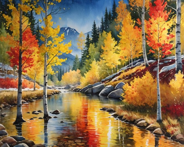 Autumn Landscape with River and Colorful Trees
