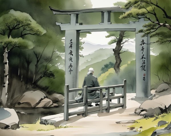 Elderly Figure on Bridge by Tranquil Stream Landscape