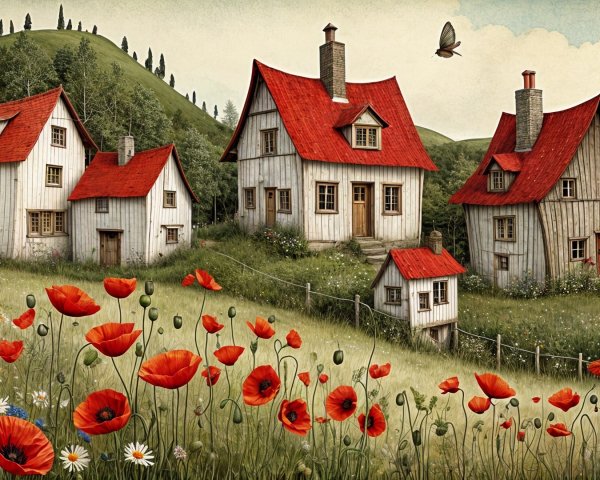 Charming Wooden Houses in a Serene Countryside Scene