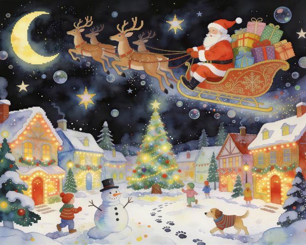 Watercolor Painting of Santa Claus in Starry Sky
