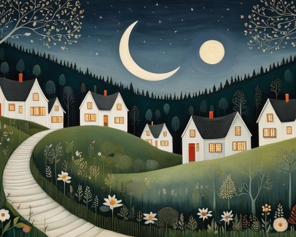 Whimsical Night Scene with Moons and Charming Houses
