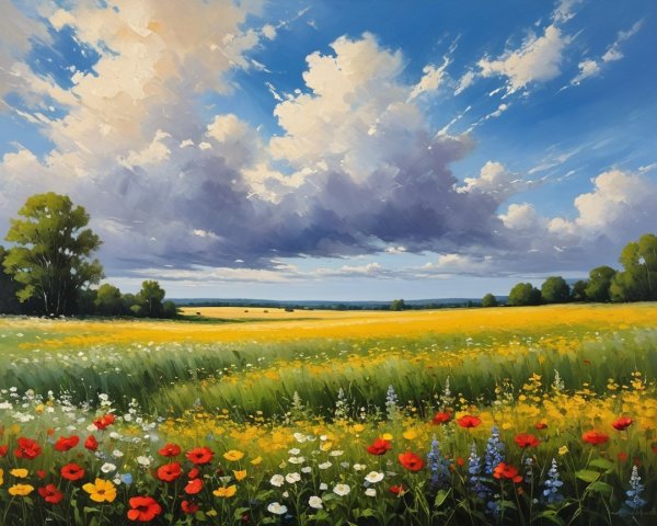 Vibrant Landscape with Colorful Wildflowers and Trees