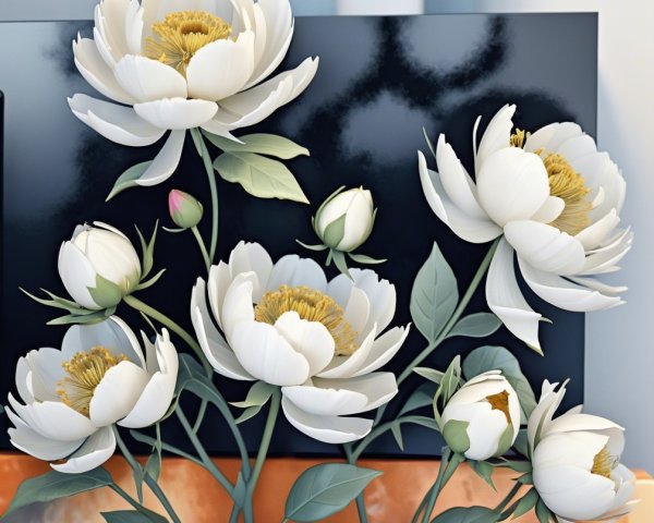 Elegant White Peonies with Green Leaves and Buds