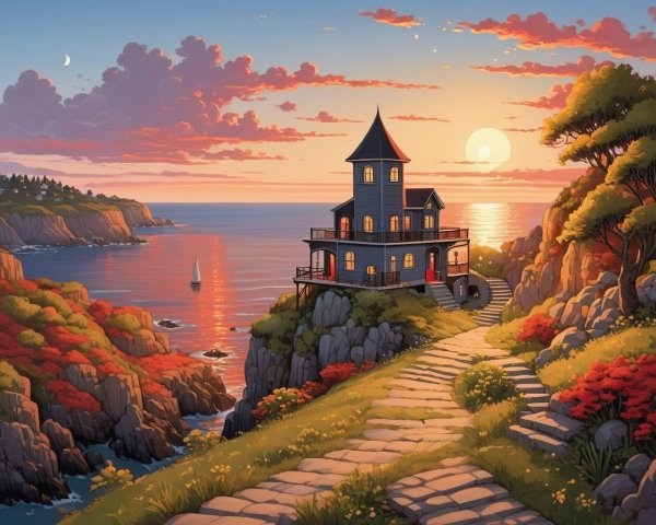 Seaside House with Tower on Rocky Cliffs at Sunset