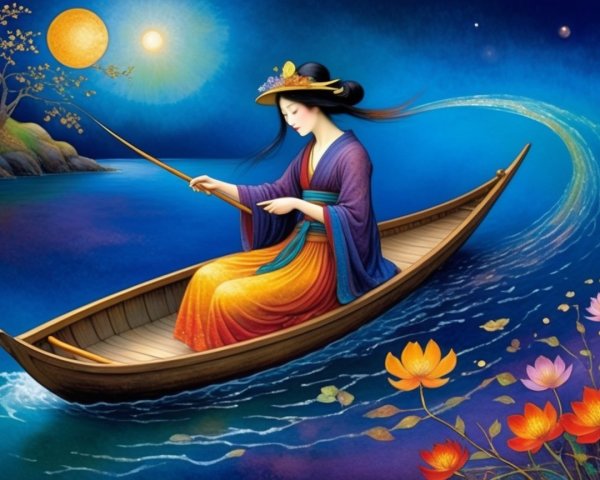 Traditional Attire Woman Fishing in Tranquil Waters