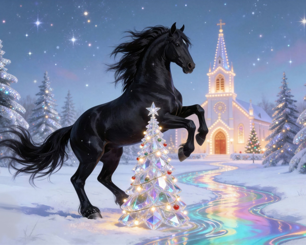 Black Horse in Winter Wonderland with Christmas Tree