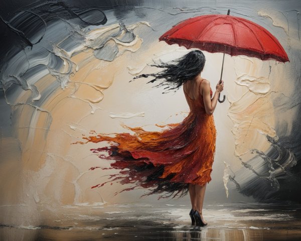 Woman with Red Umbrella in Abstract Background