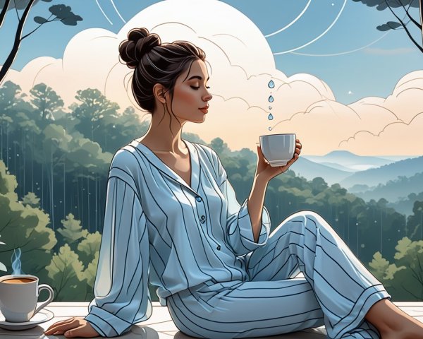 Young Woman in Pajamas Enjoys Mountain View on Balcony