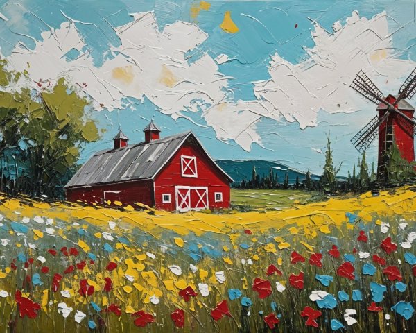 Vibrant Countryside Scene with Barn and Wildflowers