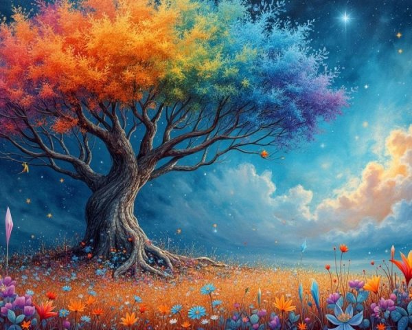 Majestic tree with colorful leaves and blooming flowers