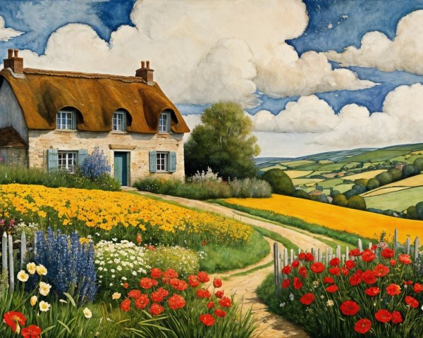 Charming Countryside Scene with Thatched Cottage and Flowers