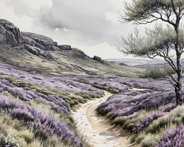 Watercolor Landscape of Lavender Fields and Hills