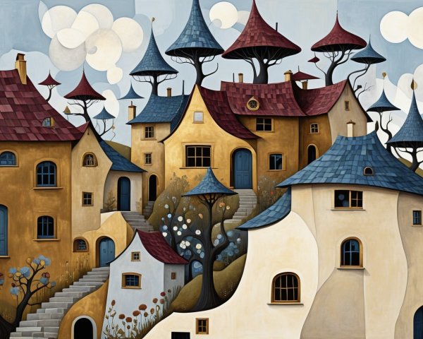 Whimsical Landscape with Colorful Unique Houses