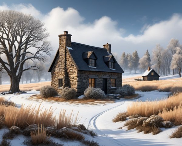 Cozy Stone Cottage in Serene Winter Landscape