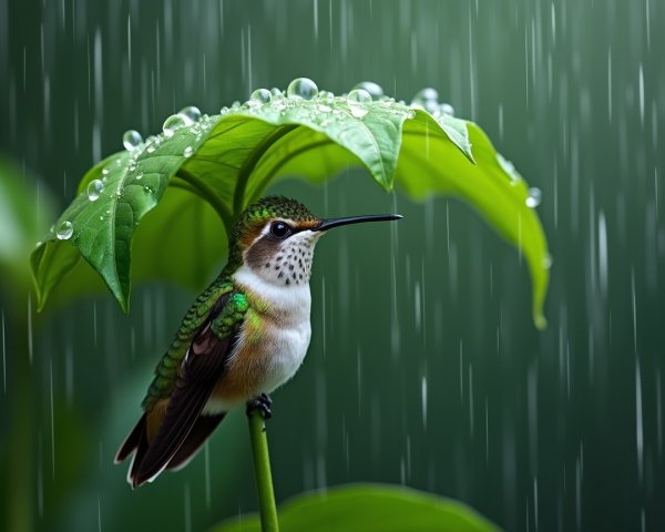 Hummingbird on Leafy Branch in Gentle Rain Scene