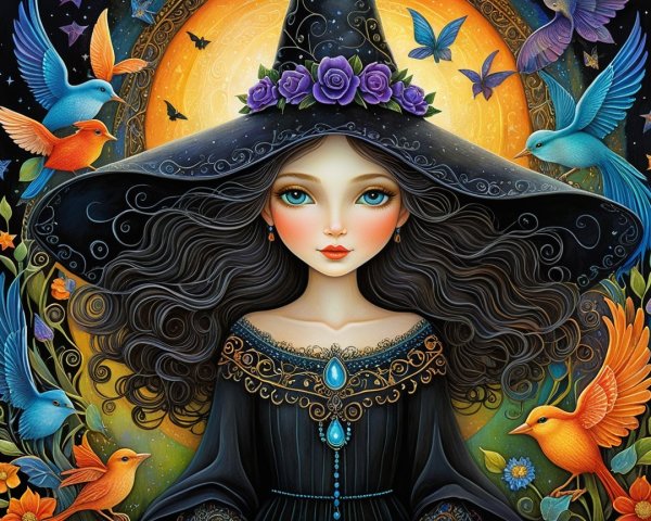 Mystical witch with ornate hat and vibrant creatures