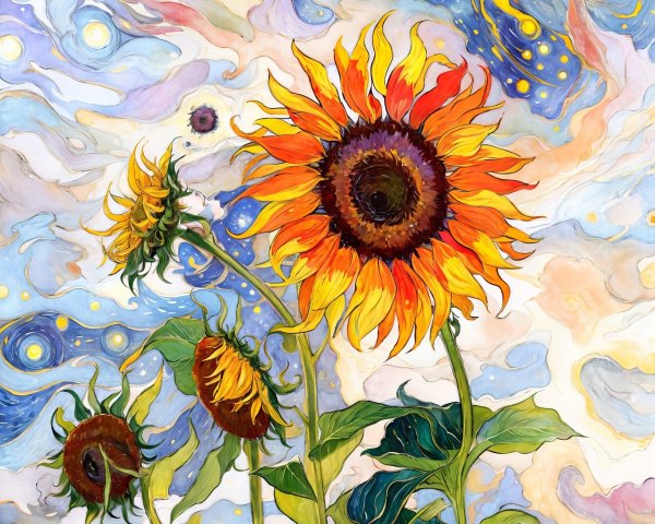 Sunflowers Against a Pastel Sky with Golden Stars