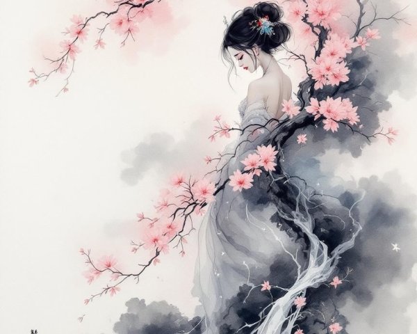 Ethereal Illustration of a Woman Among Cherry Blossoms