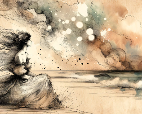 Ethereal Figure on Shoreline with Pastel Colors