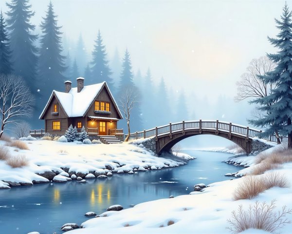 Winter Wonderland Oil Painting with Cozy Cabin Scene