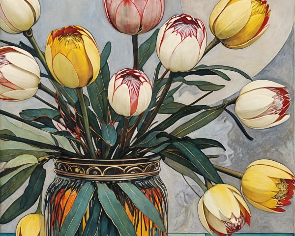 Vibrant Tulip Bouquet in Decorative Jar with Green Leaves