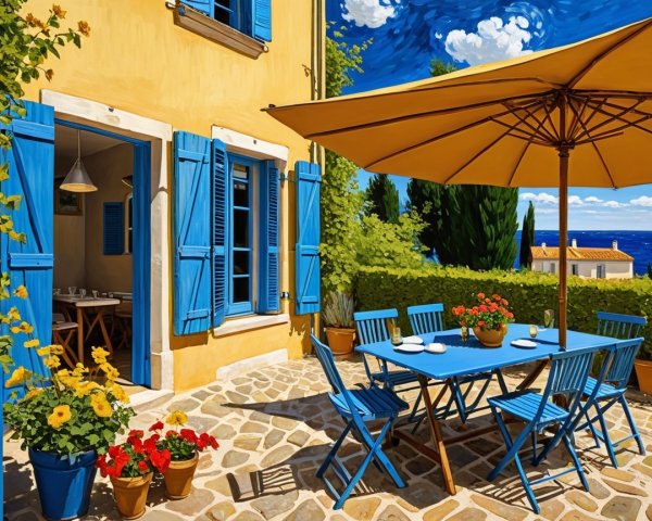 Charming terrace with blue furniture and sea view